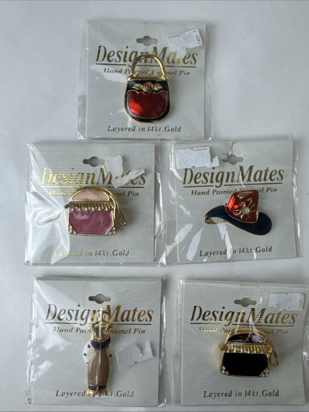 (5) Design Mates Hand Painted Enamel Pins Layered in 14 kt Gold NEW purse hat